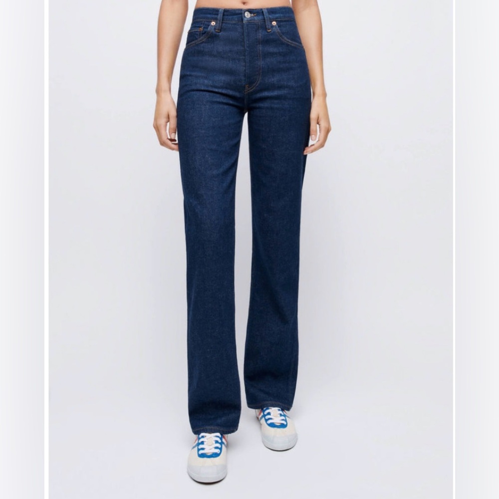 Re/Done The 90’s Straight High Rise Loose Jeans SZ 28 Dark Denim Rigid Like
